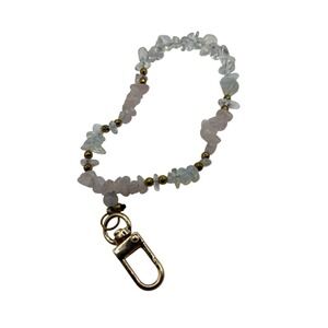 Keychain Fob‎ With Opalite and Rose Quartz Stone Chip Beads Gold Tone Accents